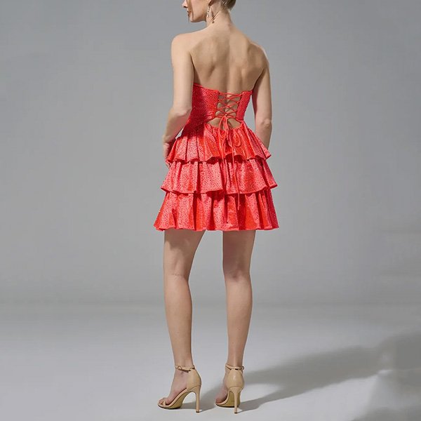 Strapless Mini Dress AW Irene tangerine back view with corset lace-up and tiered crystal ruffles