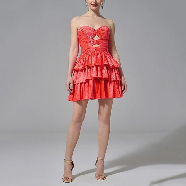 Strapless Mini Dress AW Irene tangerine front full-length with ruffled mini hem and hot-fix crystals