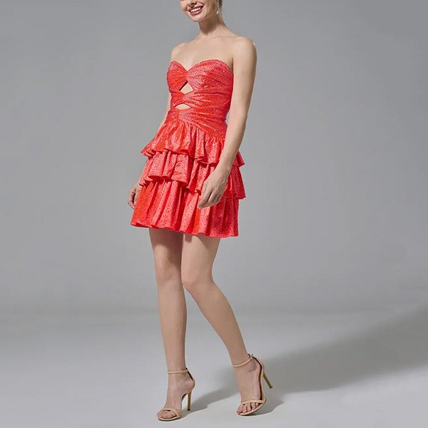 Strapless Mini Dress AW Irene tangerine side profile with sweetheart cutout bodice and sparkle