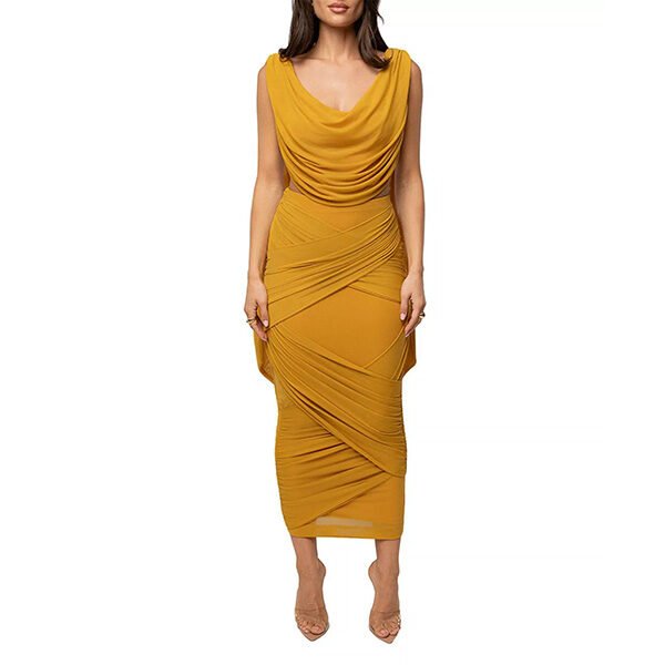 Two Piece Set JLUXLABEL Divine Drape yellow front full-length with cowl neckline and all-over ruching