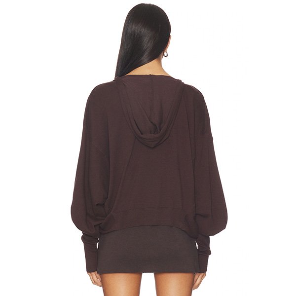 "1XBLUE Twist hoodie in brown heavyweight jersey fabric with plunging V-neck design, attached hood, ribbed cuffs and cropped fit"