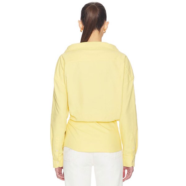 AREA satin knot oxford shirt in midweight cotton with front satin bow closure and plunging V-neck design
