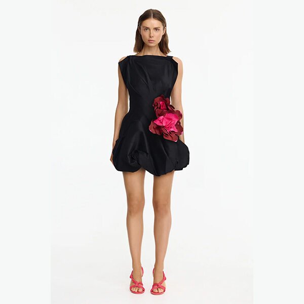 "Acler Falldon mini dress in black midweight satin crepe fabric with hidden side zip closure and full polyester lining"