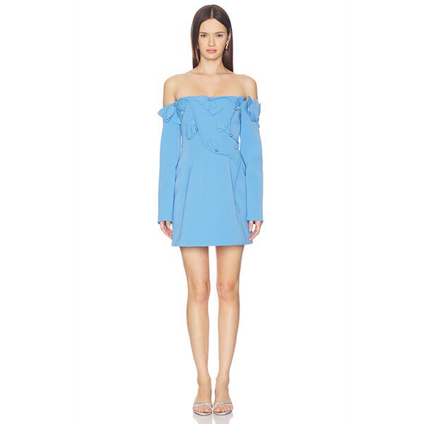 "Acler Newmoat mini dress in alt blue jersey fabric with off-shoulder long sleeves and floral applique detailing, back zipper closure"