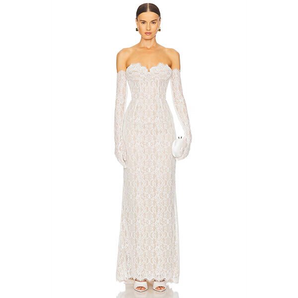 "Bronx and Banco Kiera white gown made of heavyweight lace with detachable glove styling, boned bodice, and lace-up back closure"