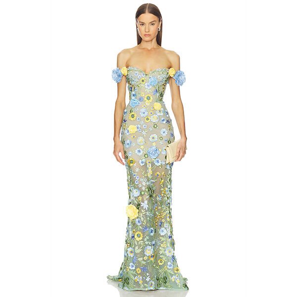 "Bronx and Banco Portofino floral jasmine off-shoulder gown in blue multi, lightweight tulle with flower appliques and lace-up back closure"
