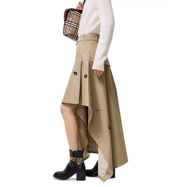 Burberry gabardine asymmetric trench skirt with metal B buckle belt, storm shield and iconic Check lining