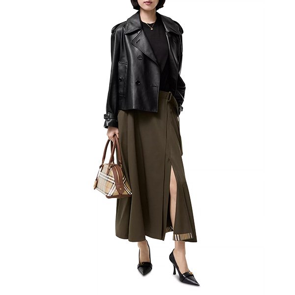 Burberry wool twill midi skirt with Metal B buckle belt, front split and iconic Check detail at hem