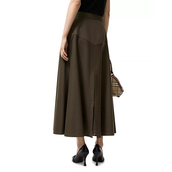 Burberry wool twill midi skirt with Metal B buckle belt, front split and iconic Check detail at hem