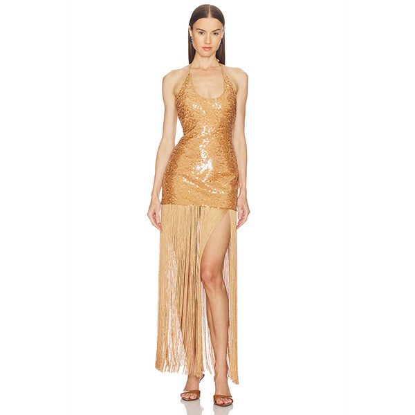 "Camila Coelho Ankira maxi dress in bronze midweight sequin-embellished fabric with draped fringe detail and hidden back zipper"