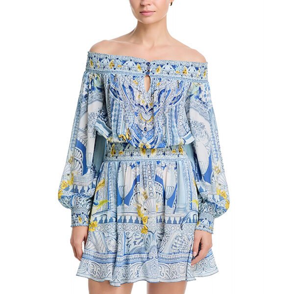 Camilla off-shoulder dress in De Nada Granada with beaded embellishment and smocked waist