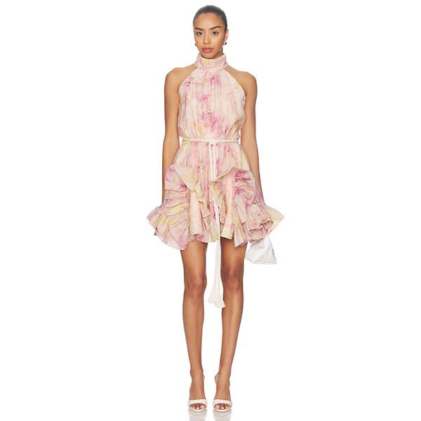Curaae by Elliatt Thea mini dress in pink and yellow with linen blend and ruffle hem