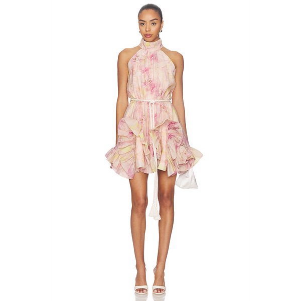 Curaae by Elliatt Thea mini dress in pink and yellow with linen blend and ruffle hem