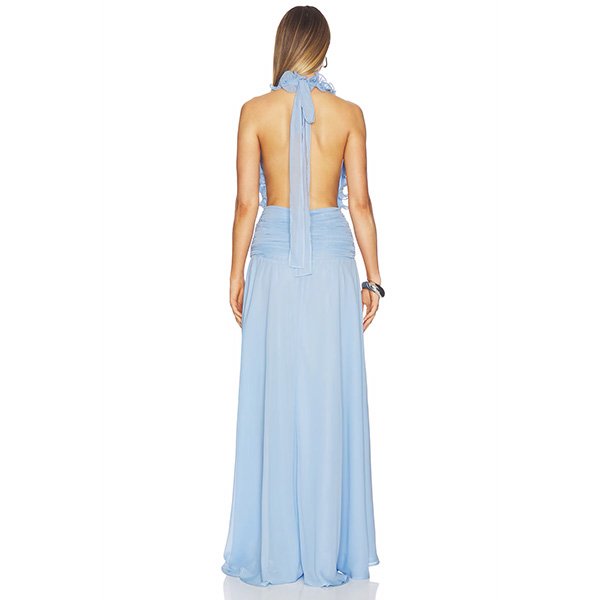 "DELFI Ariella dress in baby blue heavyweight crepe fabric with back tie closure on top, hidden back zip skirt and side split hem detail"