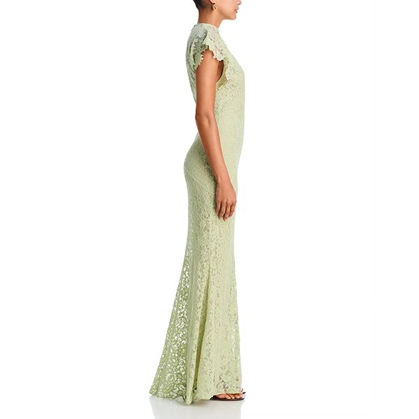 De La Vali Laia maxi dress in mint green lace with mock neck and floor-length silhouette