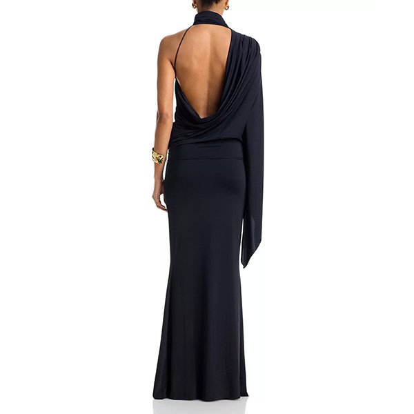 De La Vali Mireya maxi dress in black with one-shoulder design and draped bodice