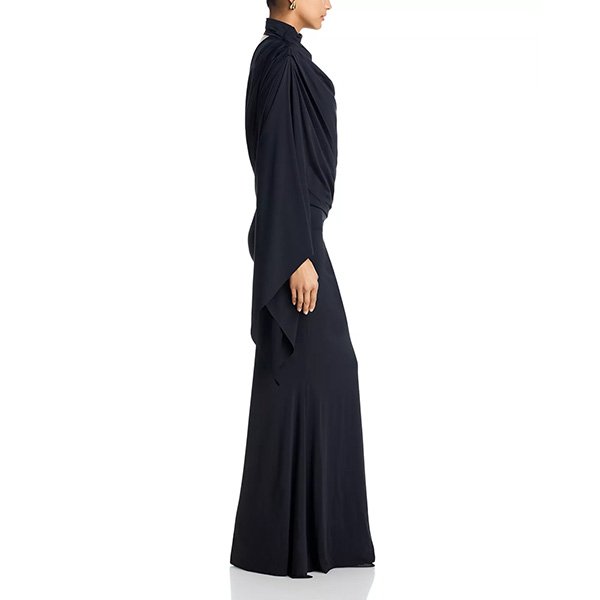 De La Vali Mireya maxi dress in black with one-shoulder design and draped bodice
