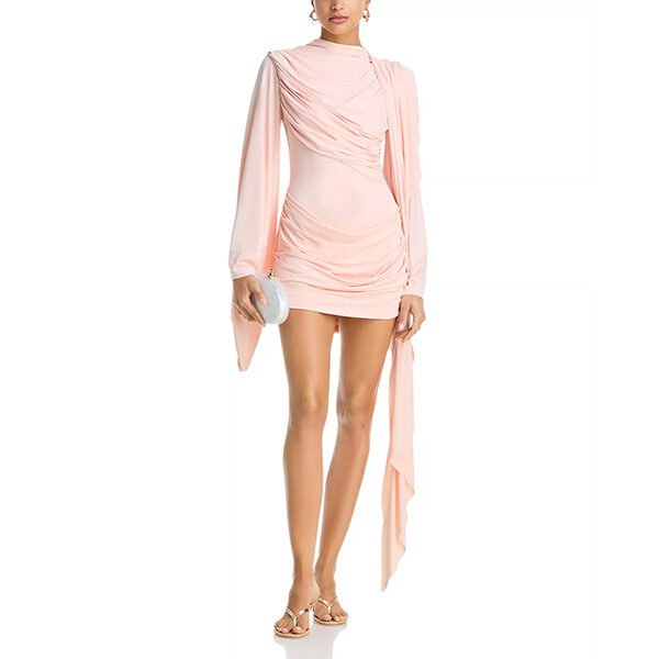 De La Vali Perisa mini dress in baby pink with pleated draped shoulder and asymmetric cuffs