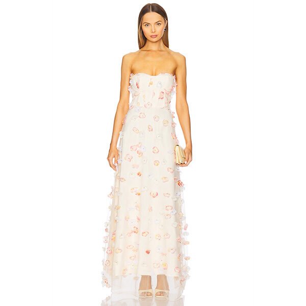 "ELLIATT Livia maxi dress in multi floral mesh fabric with 3D floral accents, strapless design with boned bodice and hidden back zipper"