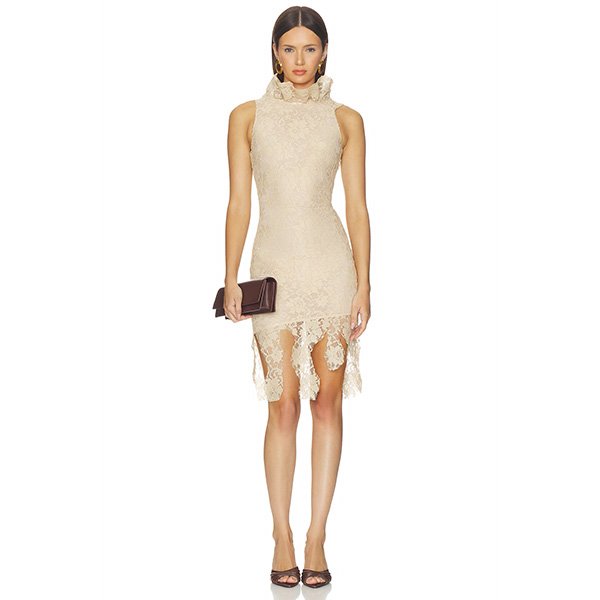 GIUSEPPE DI MORABITO short dress in cream lace with ruffle detailing and hidden back zip