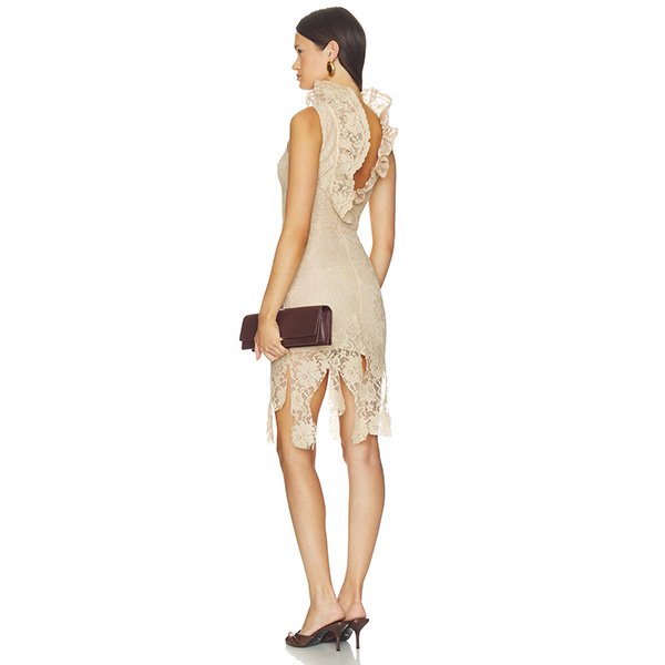 GIUSEPPE DI MORABITO short dress in cream lace with ruffle detailing and hidden back zip