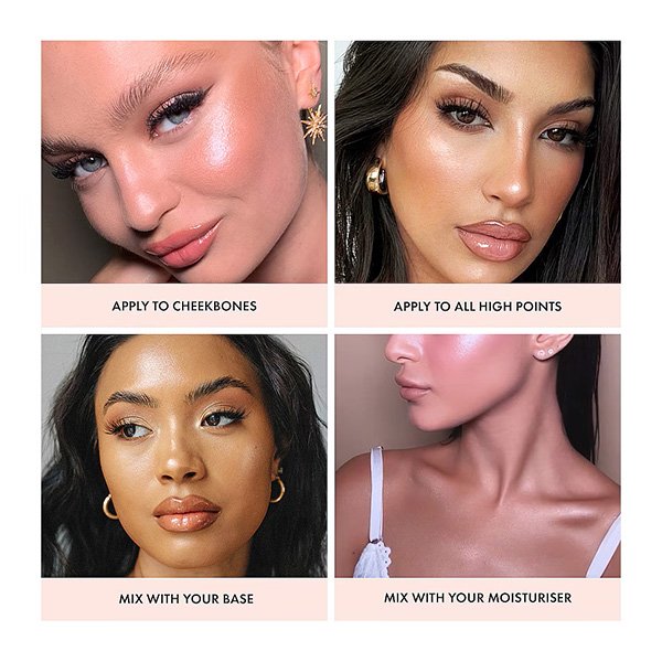 "ICONIC London Illuminator liquid highlighter drops in Blush peachy rose shade for customizable face and body glow"