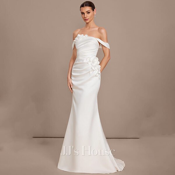 "JJ's House Canna ivory satin ball-gown with 3D floral embellishments, strapless convertible design and detachable court train for brides"