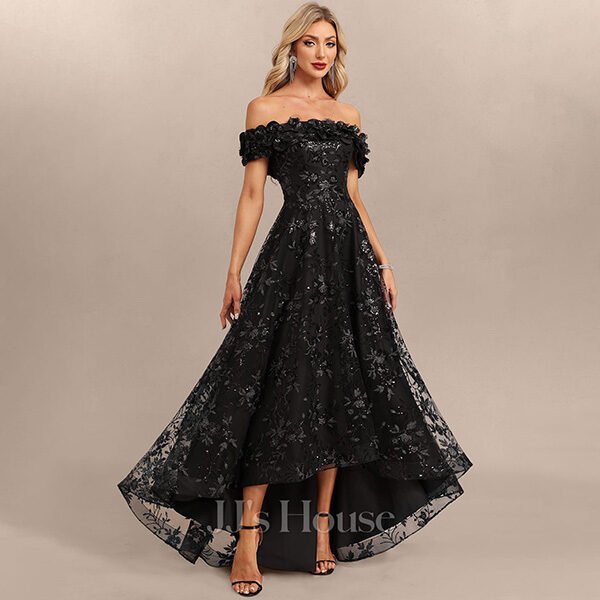 "JJ's House Fraya black off-the-shoulder maxi dress featuring 3D floral sequin embellishments and a flattering silhouette for women"