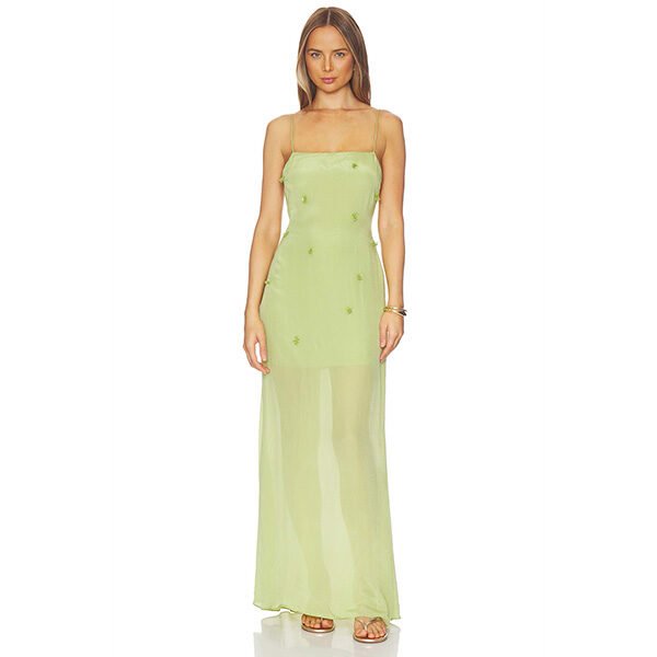"L'Academie Brynn gown in pale green lightweight chiffon with floral bead embellishments throughout and self-tie adjustable straps"
