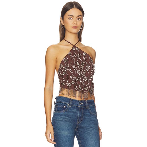 "NBD Lalita top in brown, sexy flirty party-ready design for women who love nightlife and fashionable social moments"