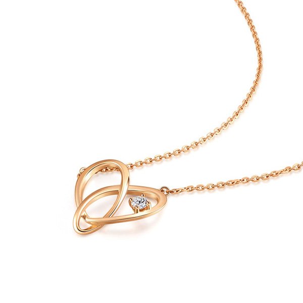 "PROMESSA Love Knot 18K rose gold diamond necklace featuring interwoven swirling heart design with round brilliant cut diamond centerpiece"