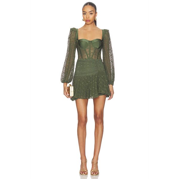 "PatBO Sirena mesh long sleeve mini dress in green featuring lightweight mesh fabric, padded underwire cups, and hidden back zip closure"