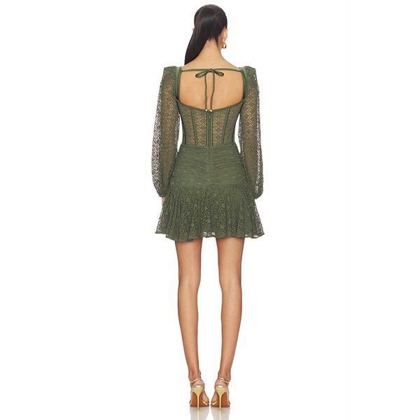 "PatBO Sirena mesh long sleeve mini dress in green featuring lightweight mesh fabric, padded underwire cups, and hidden back zip closure"