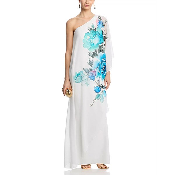 Teri Jon One Shoulder Gown | White Floral Cape
