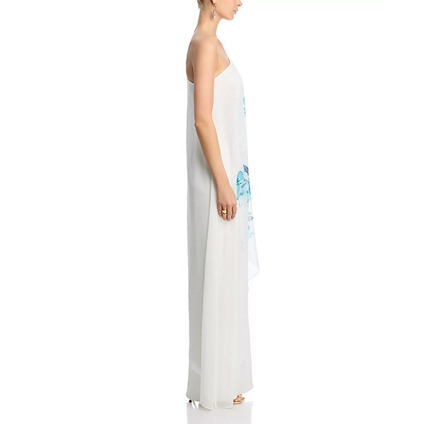 Teri Jon One Shoulder Gown | White Floral Cape