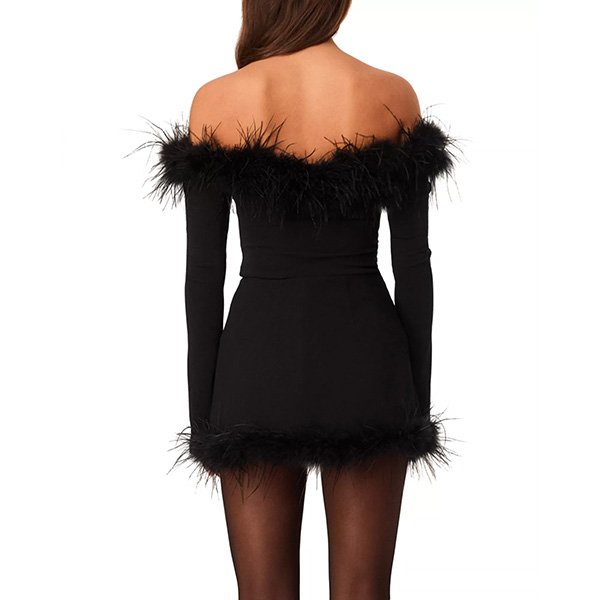 Black feather top back view showing off shoulder design and fitted body