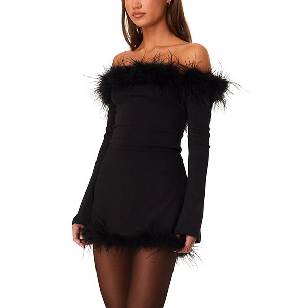 Black feather top side view showing slim fit silhouette and feather hem