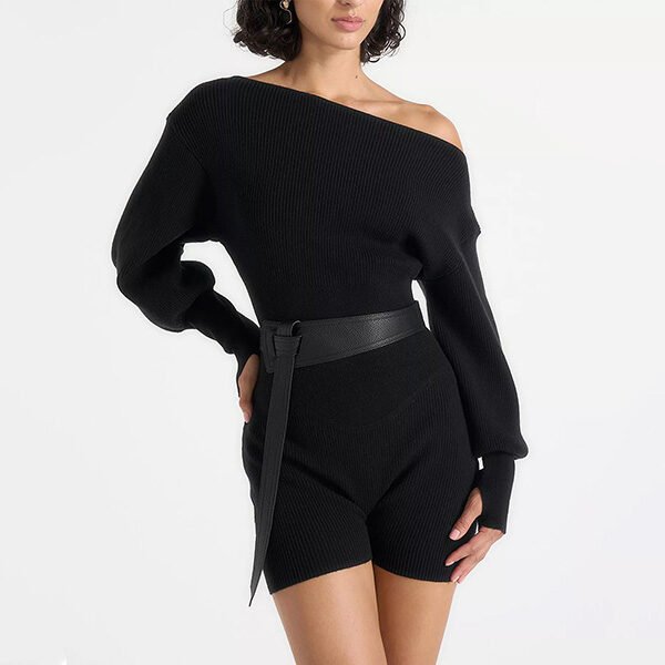 Off Shoulder Romper - Knitted Playsuit Black