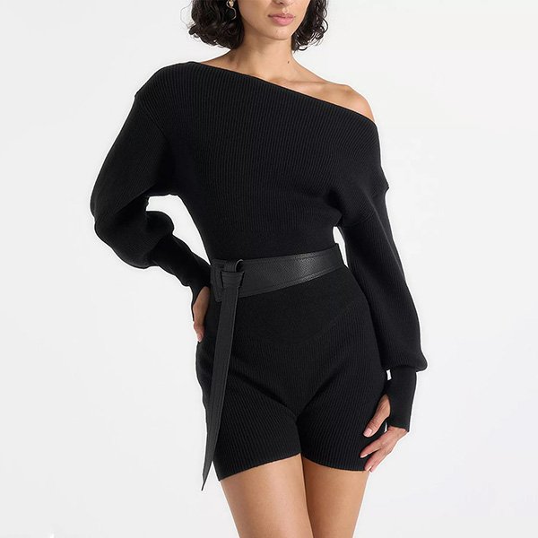 Off Shoulder Romper - Knitted Playsuit Black