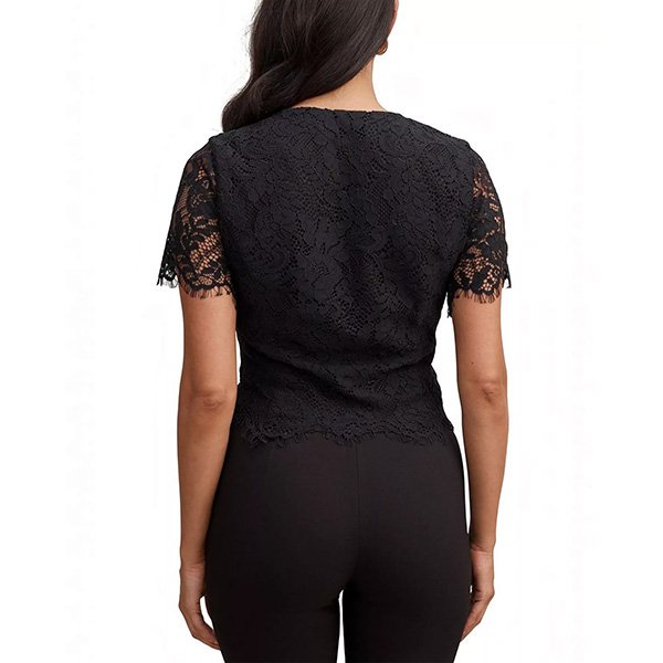 Black lace v neck top back view showing concealed side zip and lace detail