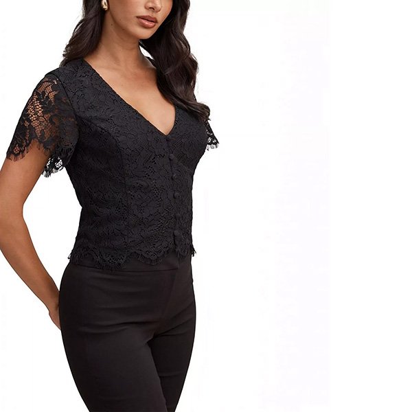 Black lace v neck top front view with sheer lace sleeves and scallop hem