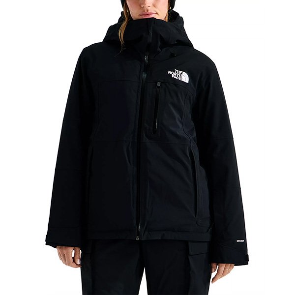 Black ski jacket with hood front view showing DRYVENT waterproof technology