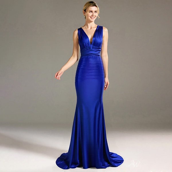 Blue Maxi Dress AW Daniella sapphire front view with plunging V-neck and mermaid sweep train
