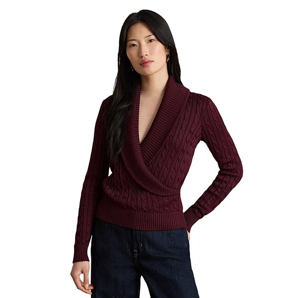 Cable Knit Sweater - Shawl Collar Burgundy