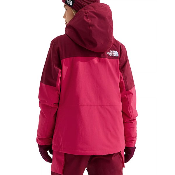 Burgundy crush ski jacket back view showing helmet compatible hood