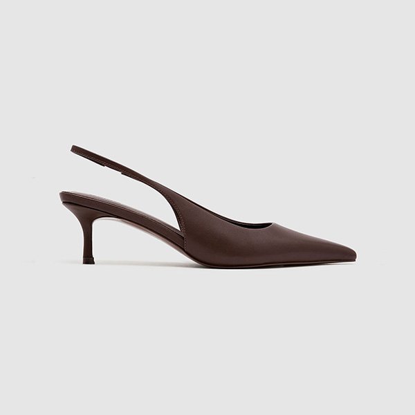 Slingback Heels - Carla Chocolate Leather Kitten Heel | REISS