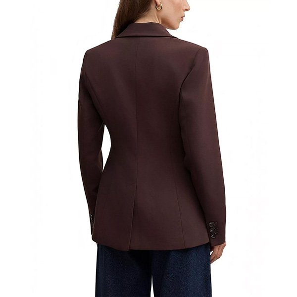 Chocolate brown blazer back view showing tailored fit and slim silhouette