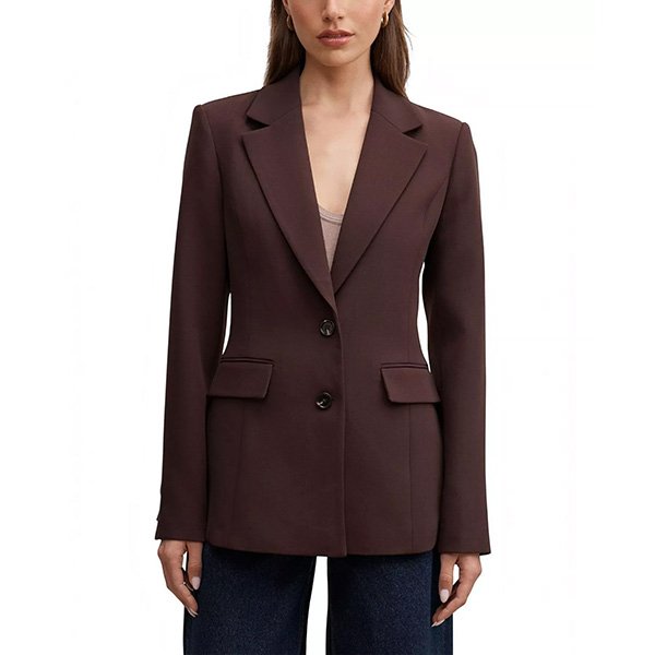Chocolate brown blazer detail showing pocket flaps and collar neckline