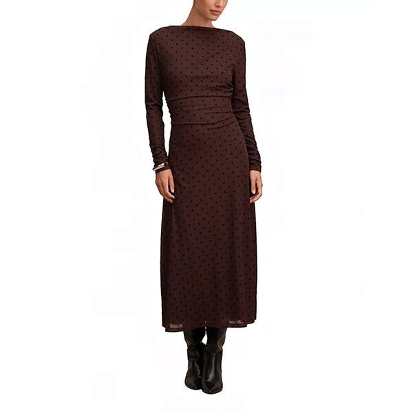 Cocoa brown polka dot midi dress front view with boat neck and bodycon fit