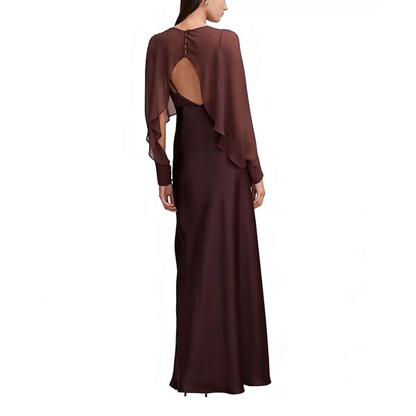 Dark chocolate maxi dress back view showing open back design and button fastening